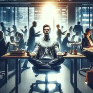 une personne pratiquant la micro méditation à son bureau, entourée de collègues surmenés dans l'ombre. La personne méditant est mise en lumière, offrant un contraste apaisant avec l'ambiance chargée de son environnement professionnel.