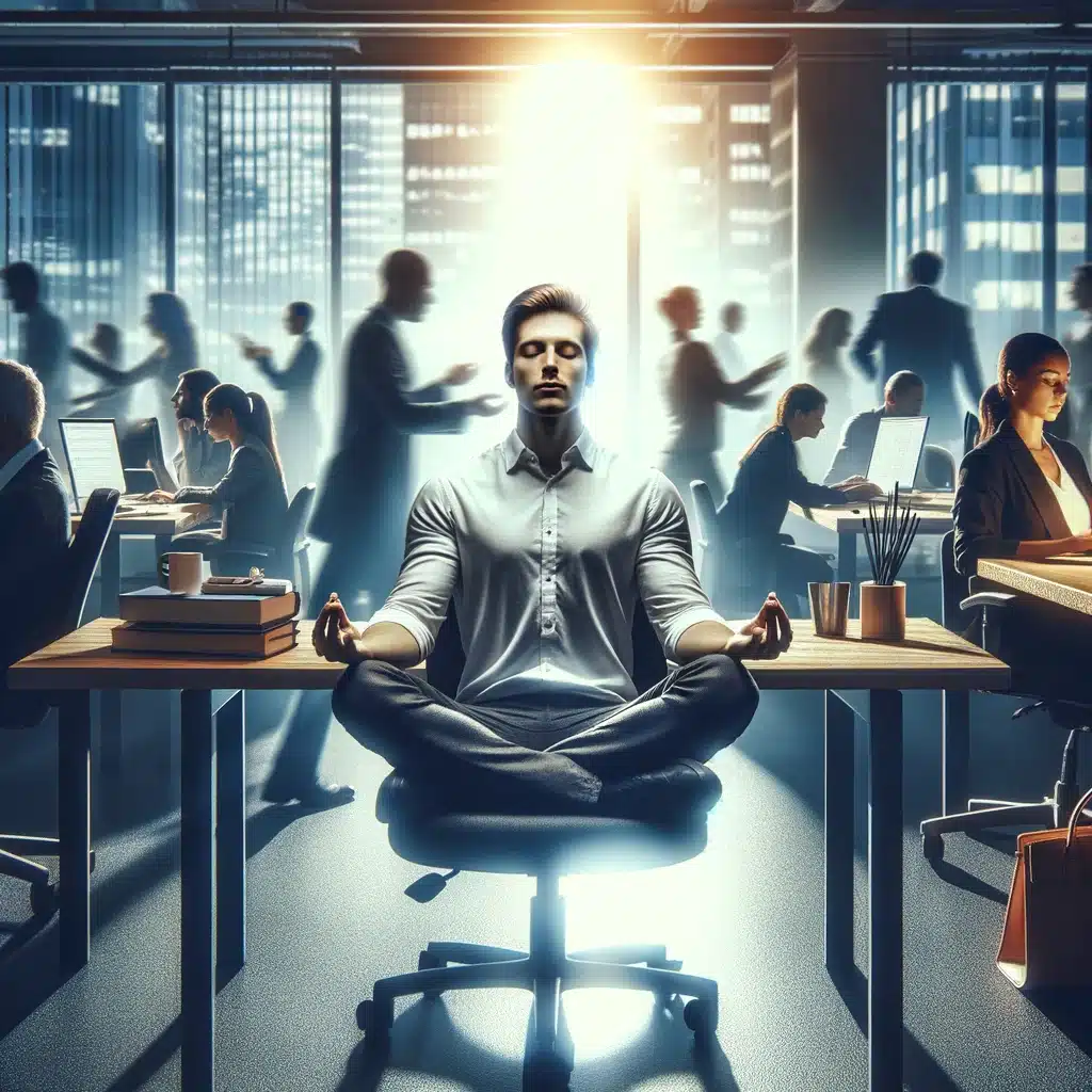une personne pratiquant la micro méditation à son bureau, entourée de collègues surmenés dans l'ombre. La personne méditant est mise en lumière, offrant un contraste apaisant avec l'ambiance chargée de son environnement professionnel.