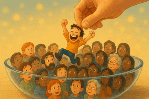 un bol rempli de personnes, une main géante en sélectionne un qui est hyper content